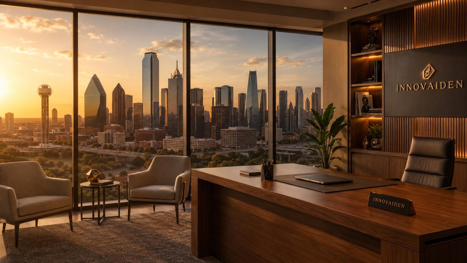 Innovaiden's Dallas office with a view of the Dallas skyline at sunset