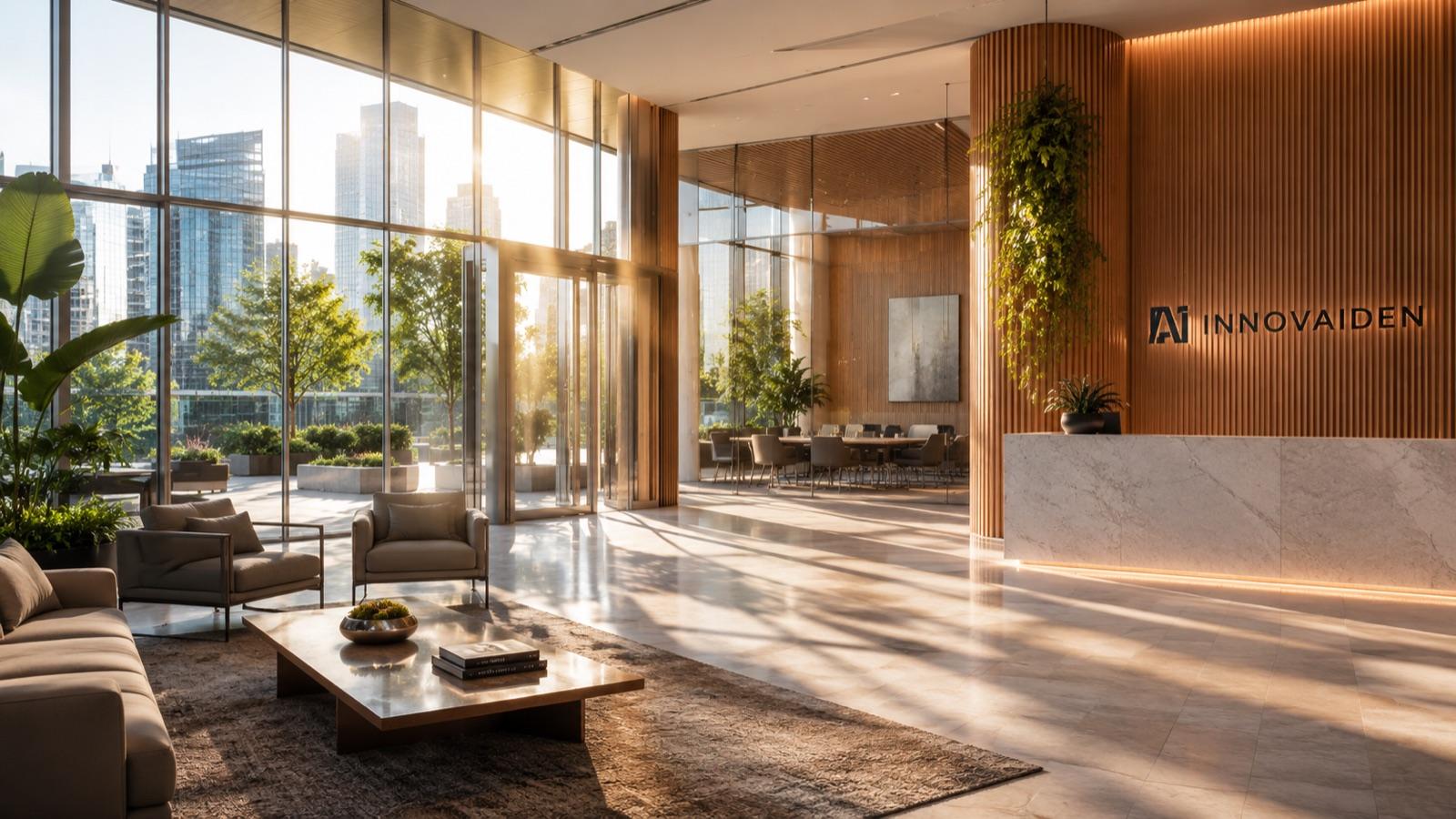 Innovaiden's sun-lit reception lobby with the brand mark behind