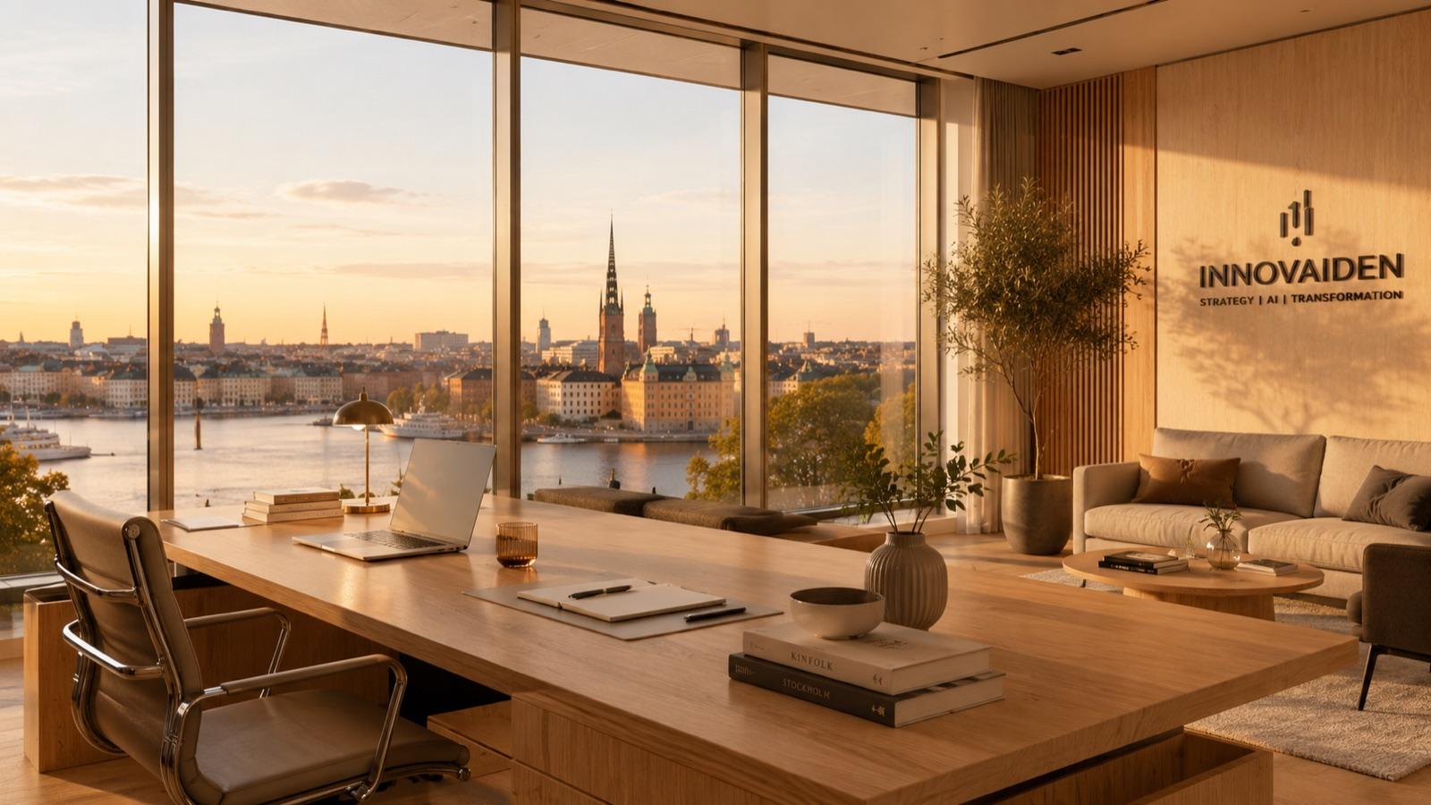 Innovaiden's Stockholm office at sunset, looking out over Gamla Stan and Riddarholmen