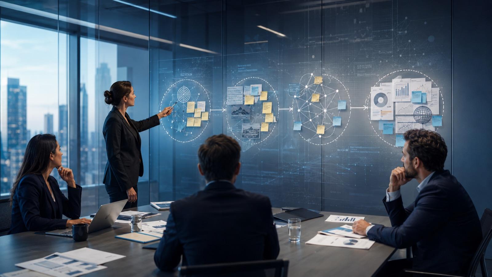Innovaiden consultant facilitating a working session with a client team around a glass-wall workshop board