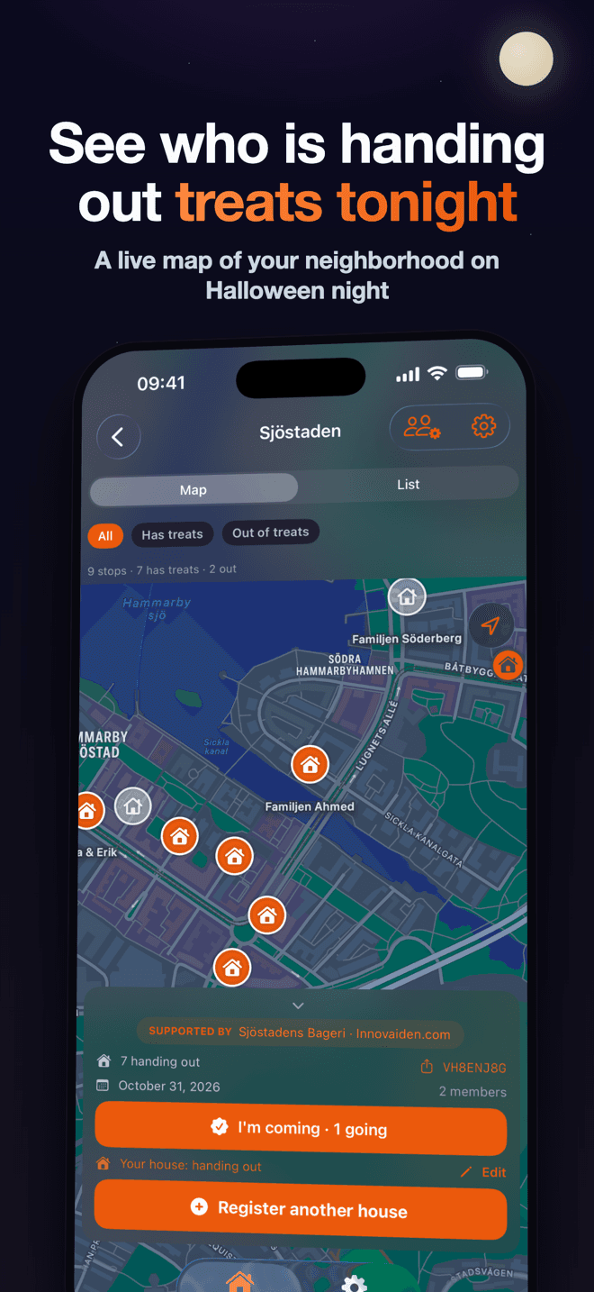 Treat Map live map of a neighborhood with house pins