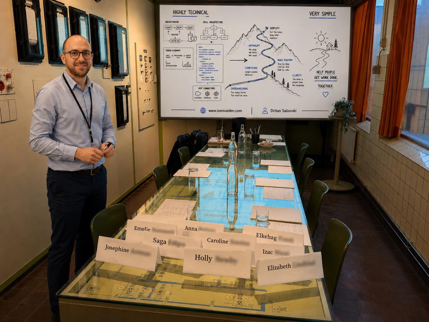Dritan presenting the "Highly Technical → Very Simple" slide at the first Innovaiden Stockholm workshop, with attendee name cards on the long workspace table.