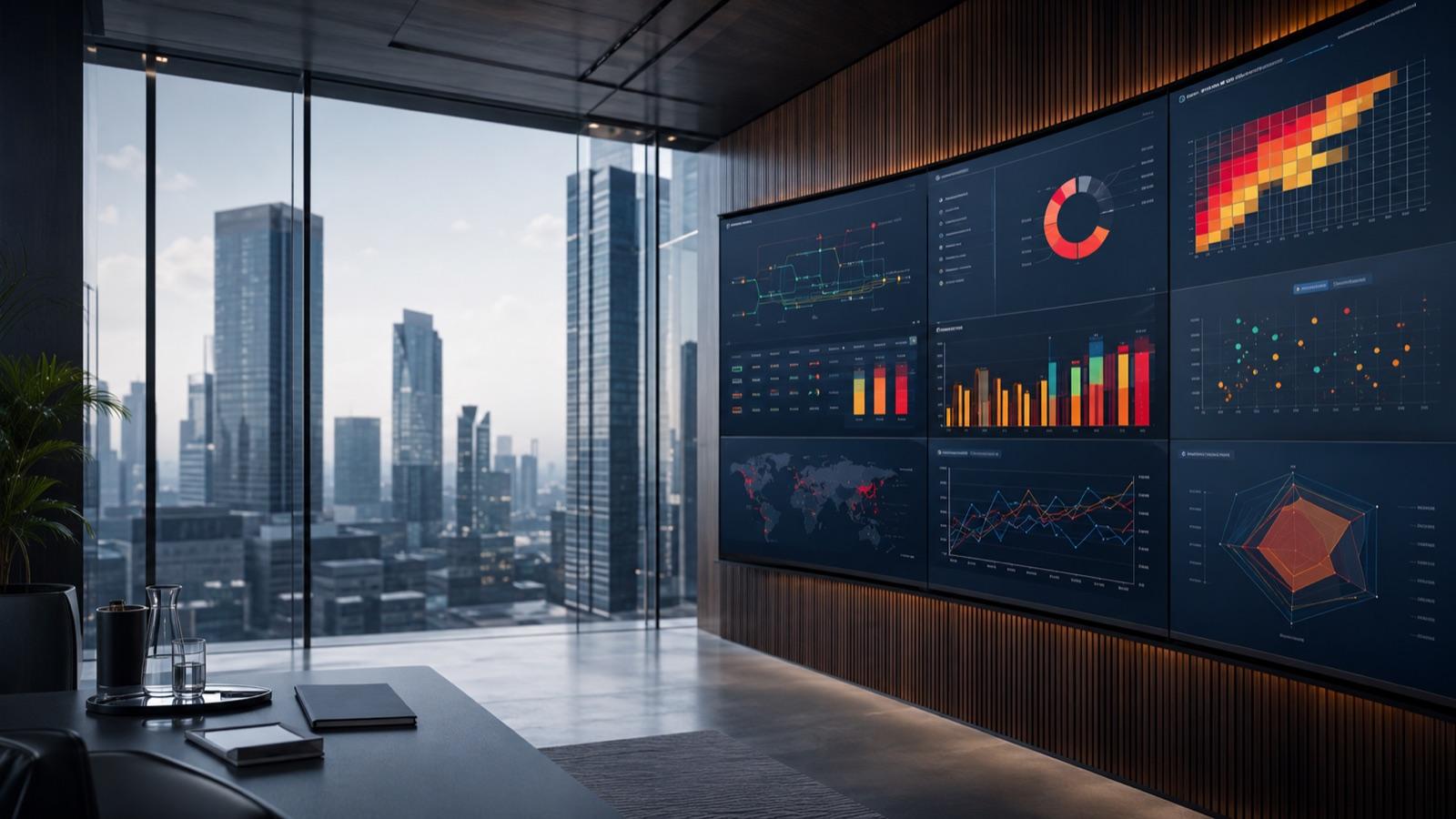 Wall of dashboards in the Innovaiden delivery room with city skyline behind