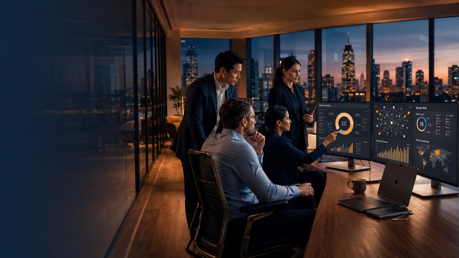 Innovaiden delivery team reviewing a client diligence dashboard at the Stockholm office at night, city skyline behind